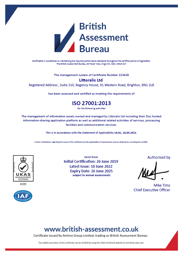 Littoralis, the company behind Disc, awarded ISO27001 certification